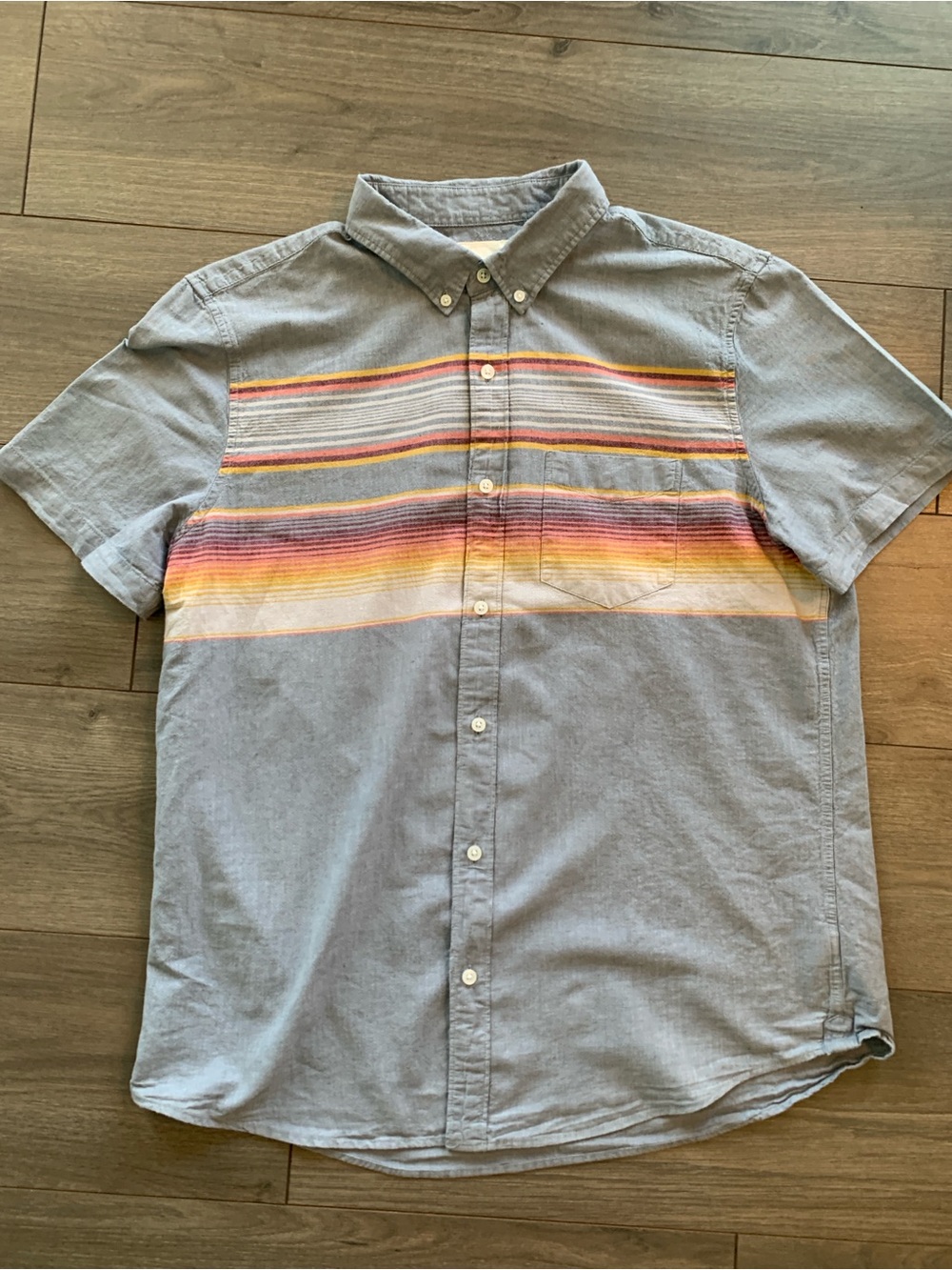 American Eagle Outfitters Gray Short Sleeve Button-Down with Multicolor Stripes